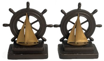 Vintage Pair Sail Boat And Ship's Wheel Bookends, White Metal Painted Bronze, 6.5' X 2.75' X 6.25'