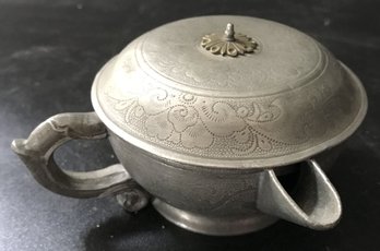 Antique Chinese Pewter Creamer With Lid, Stamped Cartouche On Bottom, 4' Diam. X 5' X 4.74' X 2.5'H