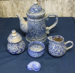 Blue Spongeware Tea Pot - Sugar - Creamer Labeled 'Country Life' By Emporium Of Maine - Plus Small Dish W/cat
