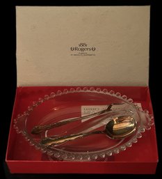 3 Pcs Vintage Rogers 1881 Boxed Set, Clear Candlewick Divided Dish With Pickle Fork And Spoon