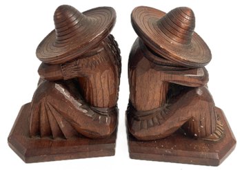 Vintage Pair Mexican Tourist Carved Wooden Bookends Of Men Taking A Siesta, 6' X 5' X 7.5'H