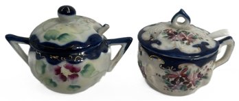Antique Similar Pair Of Hand Painted Porcelain Mustard Pots With Lids And Spoons