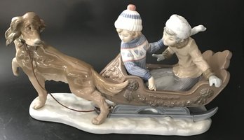 Humungous RARE 18'L Lladro 5037 Childern Sleigh Ride Pulled By Dog, 18' X 5.5' X 10'H, With Wooden Stand (Not