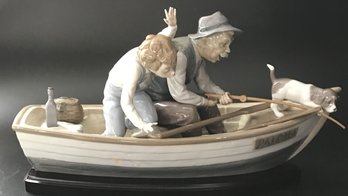 Humungous RARE 16'L Lladro Grandpa, Grandson And Dog Fishing, 16' X 5.5' X 8'H, On Wooden Stand