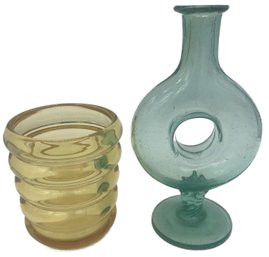 2 Pcs Glass Vases , Antique Blue Green Hand Blown 10.25'H And Vintage Amber Squat Vase
