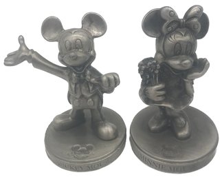 2 Pcs Pewter Walt Disney Statues When Mickey Mouse And One Minnie Mouse, 3.75'H