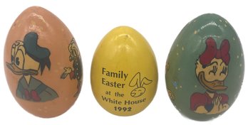 3 Pcs Decorated Egags, Barbara Bush 1992 White House Wooden Easter Egg ,  2-1994 Disney Themed Eggs Signed KOA