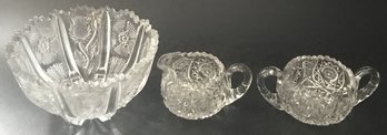 3 Pcs Saw Tooth Rimmed, Cut Crystal, Creamer & Sugar And Thistle Themed Bowl, 7.25' Diam. X 4'H