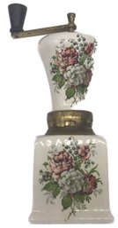 Vintage Italian Made Porcelain Coffee Grinder With Floral Design And Brass Accents , 11'H