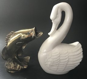 2 Pcs Vintage Brass Trout And Marble Swan, 8.25'H