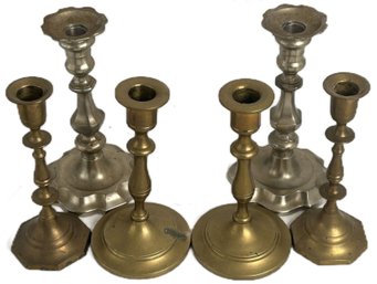 3 Pairs Single Candlesticks, 2-Pair Brass And Other Pewter, Tallest 8'H
