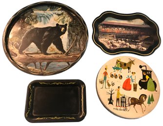4 Pcs Lot Of Metal Trays And Tim, Bear Tray, Covered Bridge Tray, Tip Tray And Folk Art Covered Tin