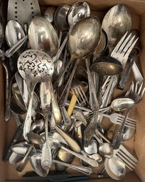 Box Lot Collection Of Vintage Silver Plate Tableware, Serving Forks & Spoons, Tongs, Cake Server & More