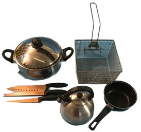 7 Misc Pcs Kitchewares, Tea Pot, Sauce Pan,  Covered Stew Pot, 3 Copper Chef Knives, Fry Basket