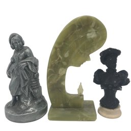 3 Pcs Vintage Busts Of Female 1 Pewter, Cast Metal On Marble Plinth & Onyx, 4.5' X 2.5' X 8.5'H