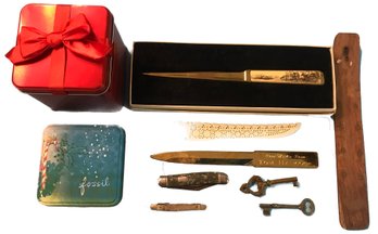 10 Pcs Lot Desk Top Items, Etched Letter Opener, 2 Pocket Knives, Fossil Watch Tin, And More