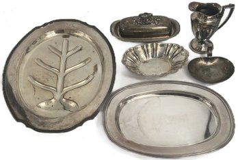 6 Pcs Silver Plate Serving Platter, Covered Butter, Candy Dishes And Creamer, Largest Platter 16.5'L