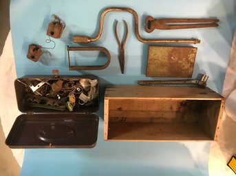 Vintage Wooden Box And Tackle Box Full Of Various Ruty Tools And Hardware