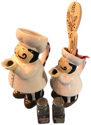 Pair Similar Ceramic Chef Pitcher And Creamer And Pair Chef Salt & Pepper Shakers