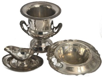 4 Pcs Vintage Silver Plate Champagne Bucket, Gravy & Under Plate And Chilled Shrimp Bowl