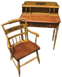 3 Pcs Vintage Set Hitchock Stenciled 1-Drawer Desk, Shelf & Arm Chair, Mustard Paint