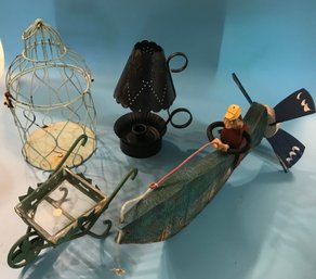 Fisherman Whirly-Gig, SM Wire Bird Cage, Metal & Glass Cart Ashtray And Black Metal Tealite Holder