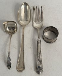 4 Pcs Sterling Silver Napkin Ring, Serving Spoon, Condiment Ladle And Meat Serving Fork (Sterling Handle)