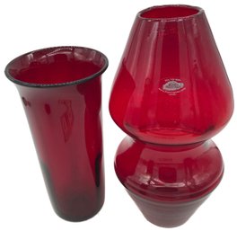 2 Large Red Glass Vases, Largest 7' Diam. X 12.5'H