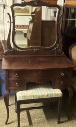 2 Pcs Vintag Mahogany Dressing Table With Tilt Mirror & Stool, 3 Drawers And Curved Legs, 35.5'W X 19' X 61'H