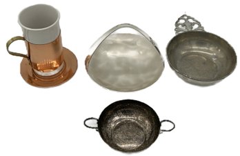 4 Pcs Metalware Items, Copper Wrapped Coffee Cup & Saucer, Porringer, WMF IKORA Basket & Other