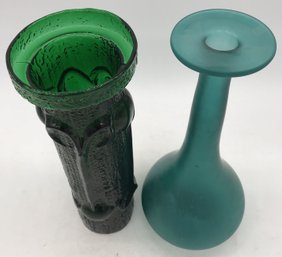 RARE Vintage Glass Vase Signed LOETZ Turquoise Irridescent 6' Diam. X 13-1/4'H &  Emerald Green 4-3/8' Diam.