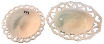 Similar Pair Footed Milk Glass Pierced Rimmed Bowls, 1-RD 7.5' Diam X 2.25'H, Oval 10.25' X 8.25' X 3.5'H