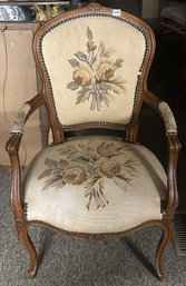 Vintage French Prudential Arm Chair With Floral Back, Seat & Arms, Brass Nail Head Trim, 23' X 21' X 3