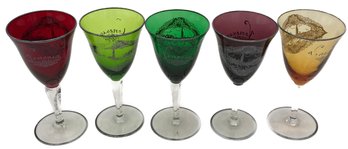 5 Pcs Antique Italian Colored Wine Glasses Silver Overlay In Trim , Veniza, 3.25' Diam. X 6.5'H