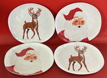 4 Pcs Christmas Plates, 2-Santa Claus & 2-Rudolph, 11' Diam. Melomine Material