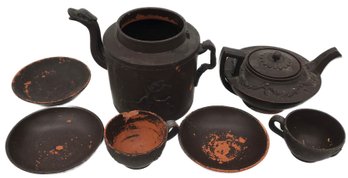 7 Pcs Antique Chinese Brown Over Orange Pottery Mismatched Pieces, Dragon Tea Pot 4' Diam. X 6' X 4.25'H