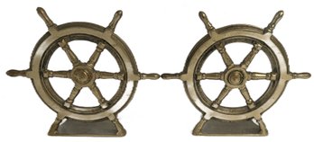 Vintage Pair Solid Brass Ship's Wheel Bookends, 7' Diam.