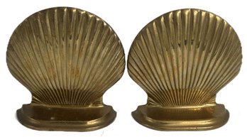 Vintage Pair Solid Brass Scallop Shell Bookends, 5' X 5'H
