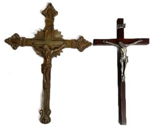 2 Pcs Vintage Catholic Crucifix, Brass, 8.5' X 12'H And Wood & Metal 5' 10'H