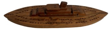 Vintage Oak Cribbage Board In Shape Of Sailing Vessel, 3.5' X 12'L