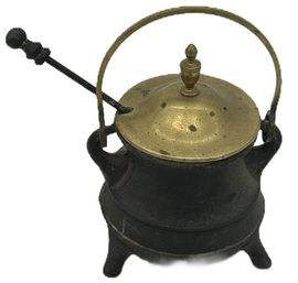 Antique Cast Iron Smudge Pot With Brass Handle & Lid, 9'H