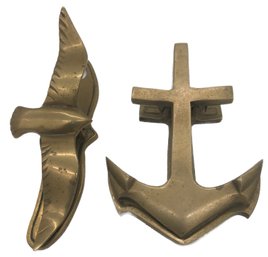 Vintage Pair Brass Paper Holders And Paper Weights, Seagull & Anchor