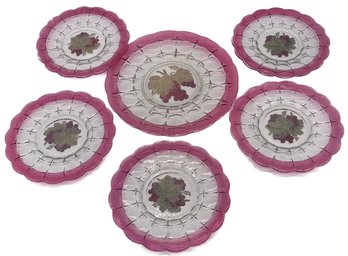 6 Pcs Glass Cake & Dessert Plates With Embossed Grapes & Leaves Design Cranberry Rims, Cake Plate 11' Diam.