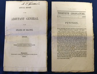 Two 1850 Documents From The State Of Maine Legislature & Adjutant General