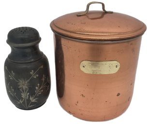 Antique Engraved Silver Plated Sugar Shaker And Copper Lidded FLour Canister With Brass Name Plate