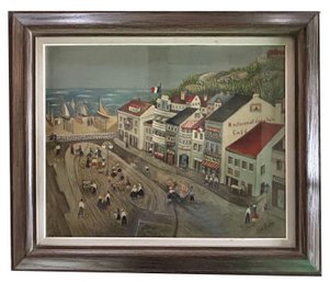 Vintage Matted & Framed Print Of French Oceanside Town, R.H. Dubois, 26' X 22'