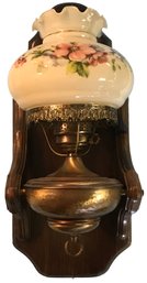 Wall Mounted Electified Oil Lamp With Painted Ruffled Glass Shade On Wood Platform