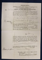 Original Copy Of An 1838 - Port Of Newburyport Mackerel Fishing License To The Schooner Janus