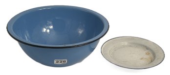 2 Pcs Vintage Enamelware, Robin's Egg Blue Mixing Bowl, 10.5' Diam. X 4'H And 7' White & Blue Plate