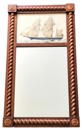 Nice Vintage Split Mirror With Turned Rope Trim Bullseye Corners And Ship Print, 17.25' X 30.5'H